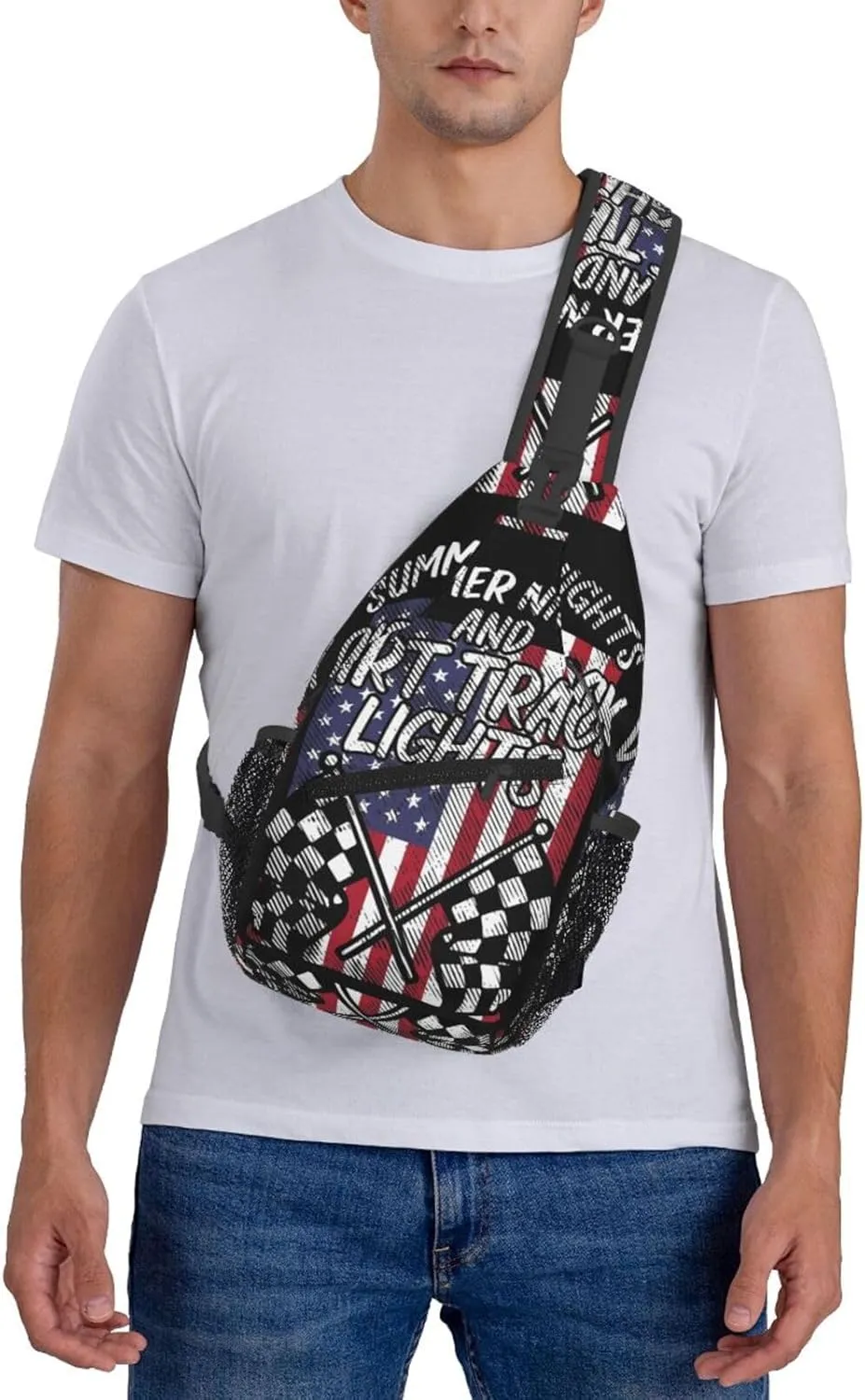 Summer Nights Dirt Track Lights Flag Motocross Racing Crossbody Sling Bag Chest Bags Casual Shoulder Backpack Sport Fanny Pack Gym Diagonally Daypack with Adjustable Strap for Running