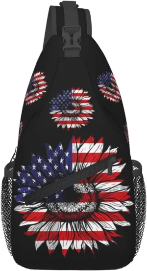 Sunflower American Flag Patriotic Crossbody Sling Bag Chest Bags Casual Shoulder Backpack Sport Fanny Pack Gym Diagonally Daypack with Adjustable Strap for Running