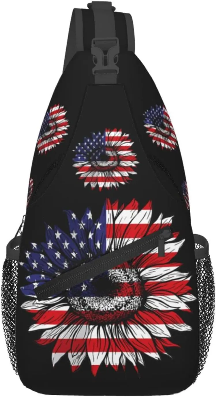Sunflower American Flag Patriotic Crossbody Sling Bag Chest Bags Casual Shoulder Backpack Sport Fanny Pack Gym Diagonally Daypack with Adjustable Strap for Running