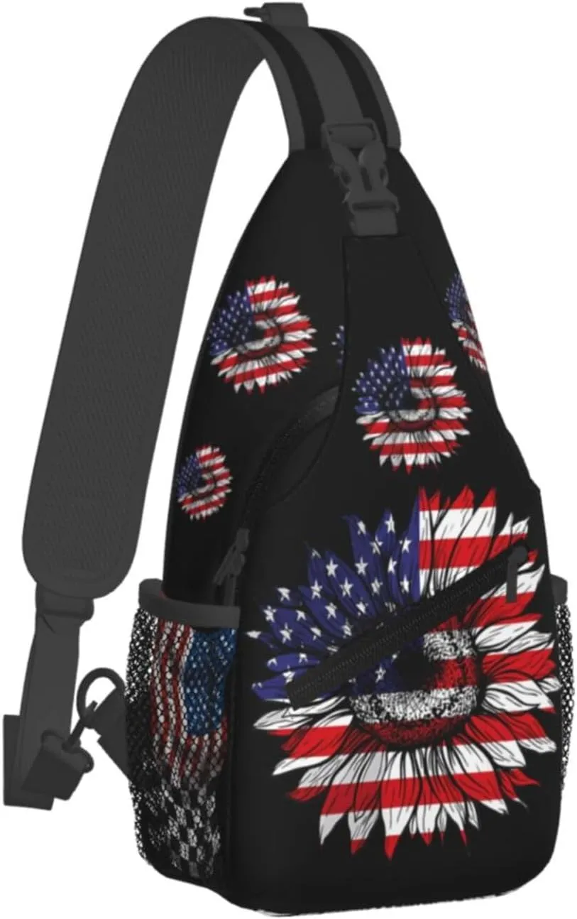 Sunflower American Flag Patriotic Crossbody Sling Bag Chest Bags Casual Shoulder Backpack Sport Fanny Pack Gym Diagonally Daypack with Adjustable Strap for Running