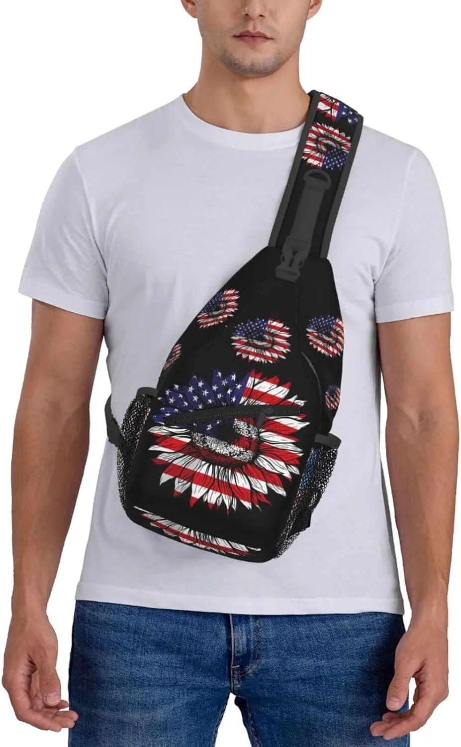 Sunflower American Flag Patriotic Crossbody Sling Bag Chest Bags Casual Shoulder Backpack Sport Fanny Pack Gym Diagonally Daypack with Adjustable Strap for Running