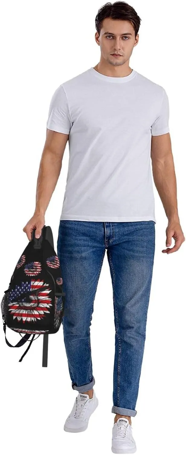 Sunflower American Flag Patriotic Crossbody Sling Bag Chest Bags Casual Shoulder Backpack Sport Fanny Pack Gym Diagonally Daypack with Adjustable Strap for Running