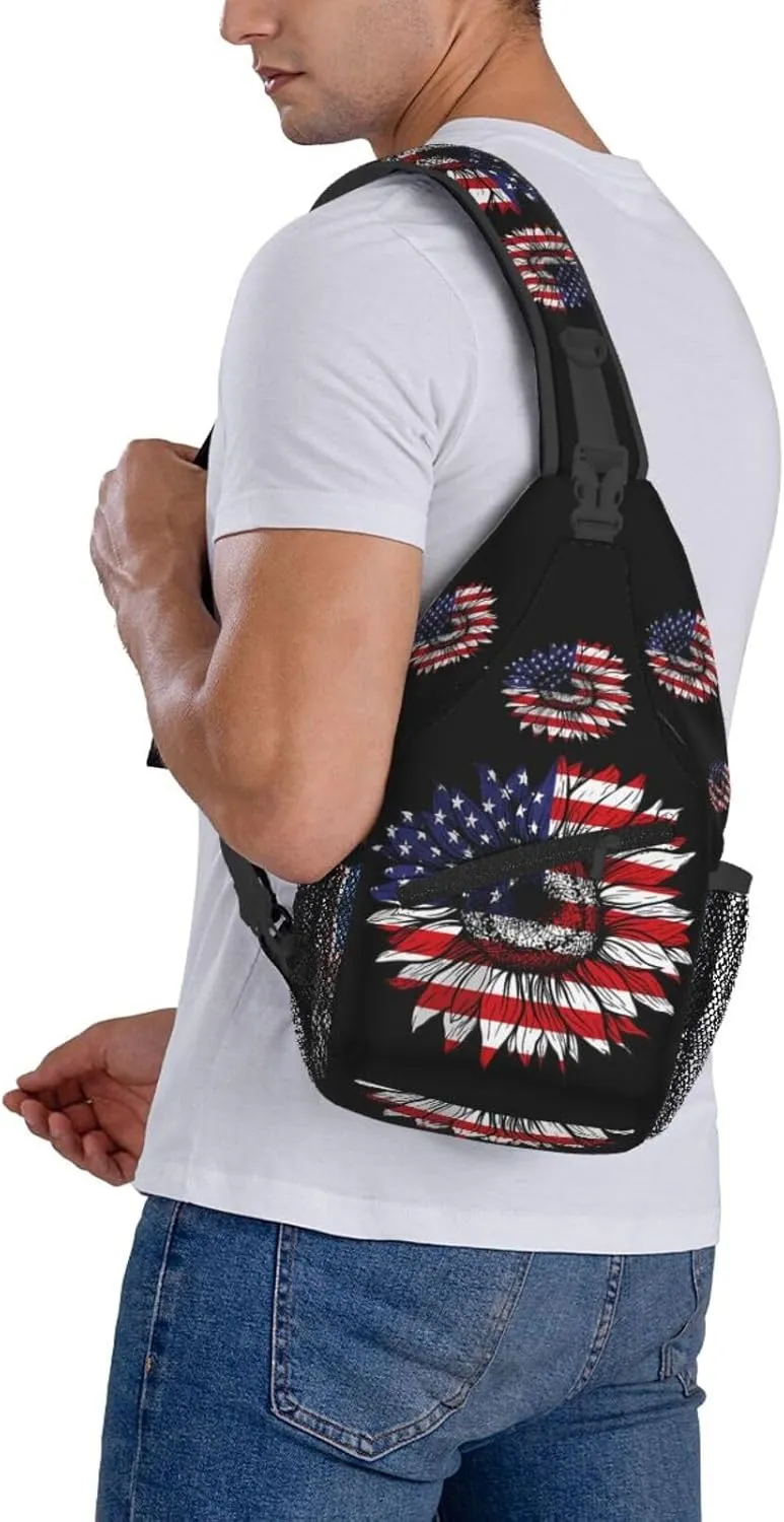 Sunflower American Flag Patriotic Crossbody Sling Bag Chest Bags Casual Shoulder Backpack Sport Fanny Pack Gym Diagonally Daypack with Adjustable Strap for Running