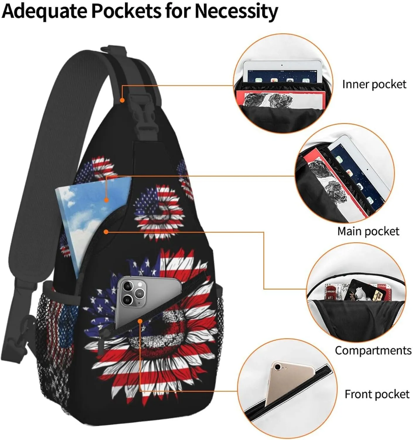 Sunflower American Flag Patriotic Crossbody Sling Bag Chest Bags Casual Shoulder Backpack Sport Fanny Pack Gym Diagonally Daypack with Adjustable Strap for Running