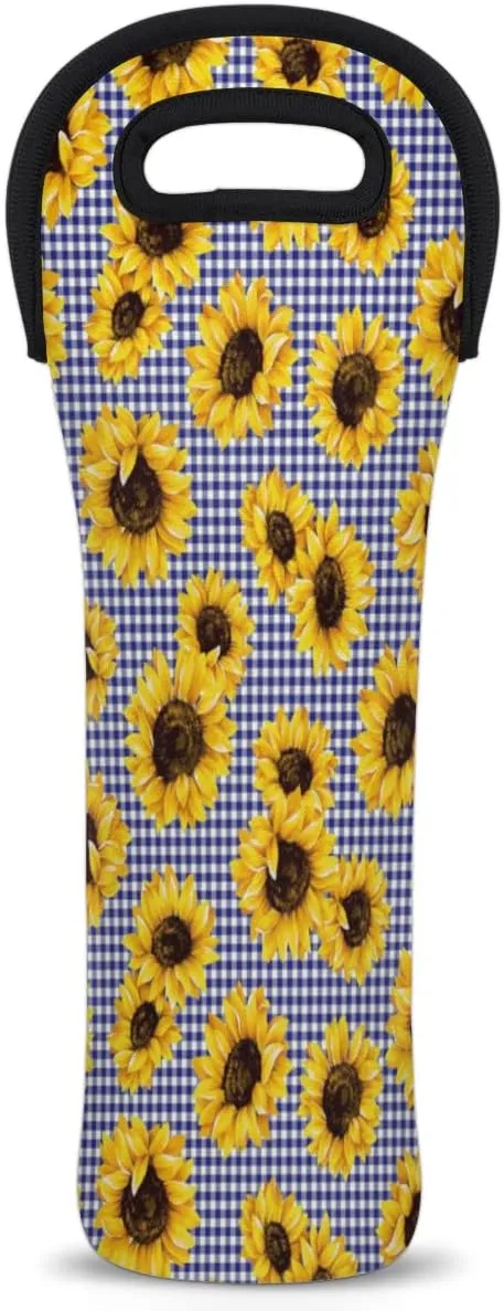 Sunflower Checked Single Bottle Wine Gift Tote Carrier Neoprene Wine Tote Bags Holder Cooler Wine Lover Gift