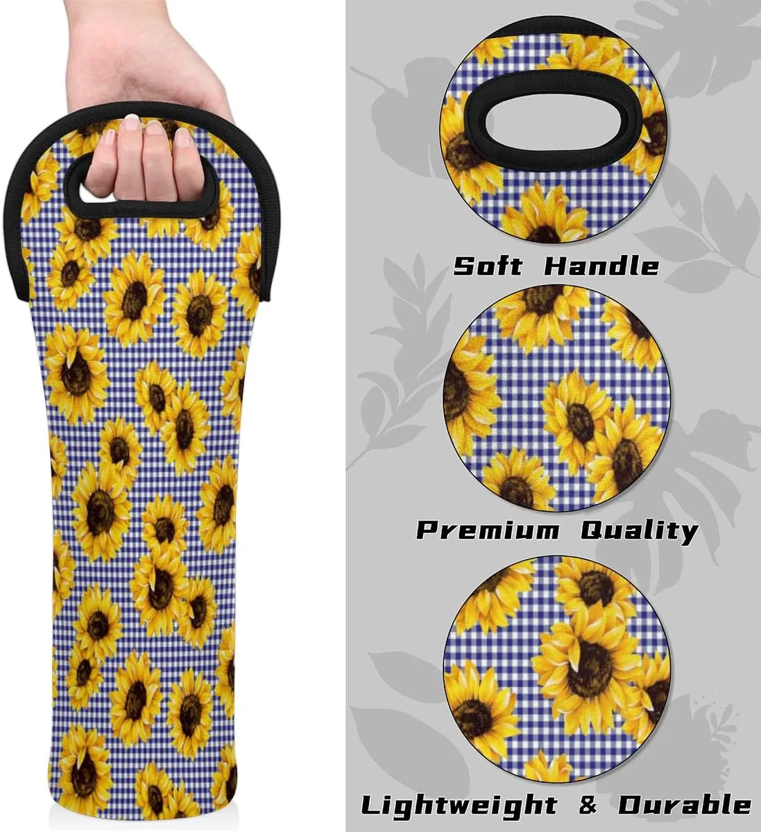 Sunflower Checked Single Bottle Wine Gift Tote Carrier Neoprene Wine Tote Bags Holder Cooler Wine Lover Gift