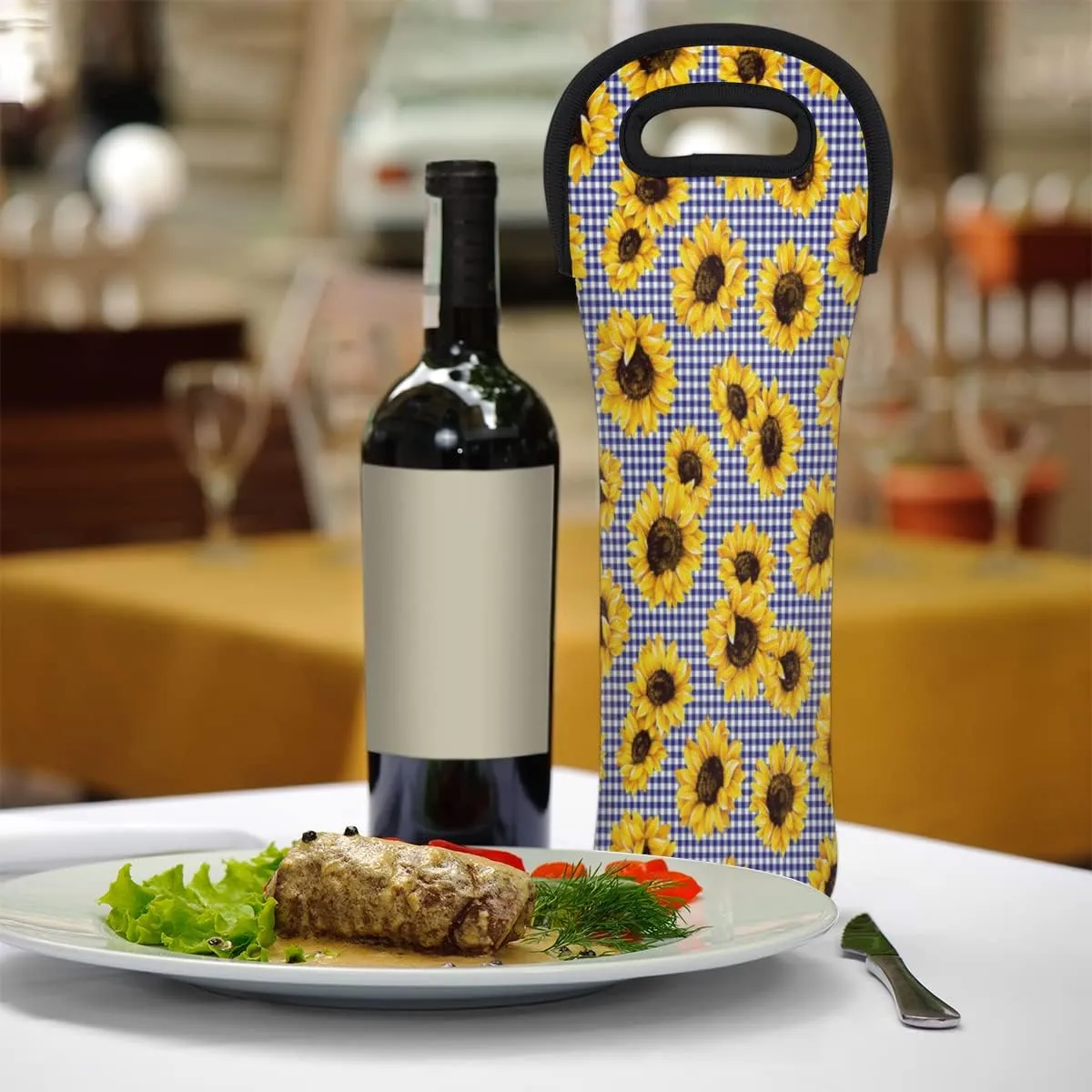 Sunflower Checked Single Bottle Wine Gift Tote Carrier Neoprene Wine Tote Bags Holder Cooler Wine Lover Gift