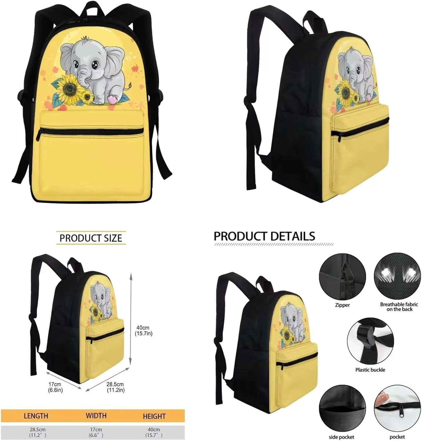 Sunflower Elephant Backpack for Girls 6-8 10-12 4 in 1 Kids School Bag with Lunch Box Pencil Purse Children Schoolbag Elementary Kindergarten Preschool Bookbag Travel Rucksack Daypacks