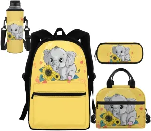 Sunflower Elephant Backpack for Girls 6-8 10-12 4 in 1 Kids School Bag with Lunch Box Pencil Purse Children Schoolbag Elementary Kindergarten Preschool Bookbag Travel Rucksack Daypacks