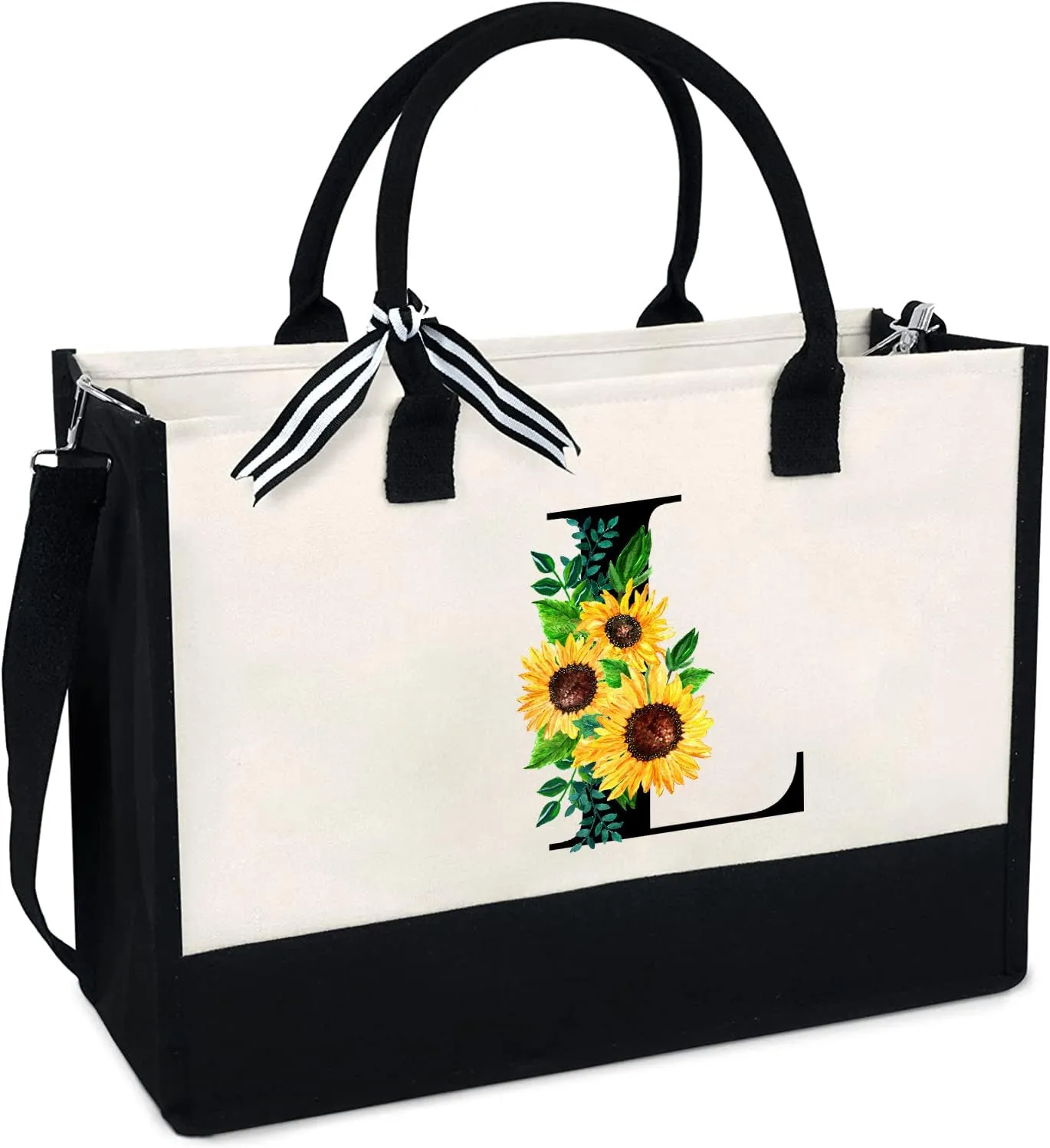 Sunflower Tote with Zipper Pocket, 13oz Monogram Tote Bags for Women, Birthday, Christmas, Teacher Gifts