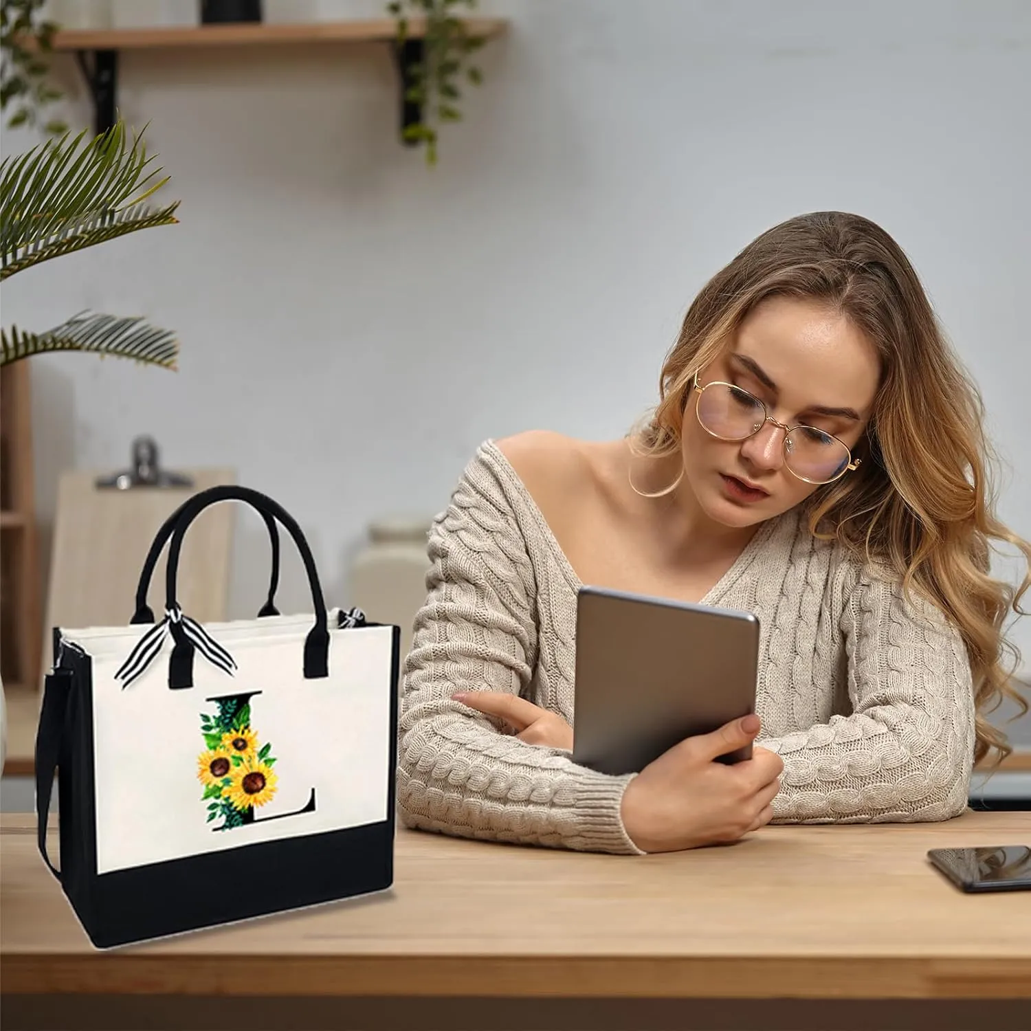 Sunflower Tote with Zipper Pocket, 13oz Monogram Tote Bags for Women, Birthday, Christmas, Teacher Gifts