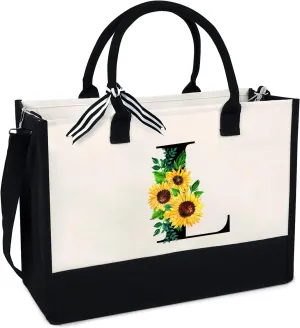 Sunflower Tote with Zipper Pocket, 13oz Monogram Tote Bags for Women, Birthday, Christmas, Teacher Gifts