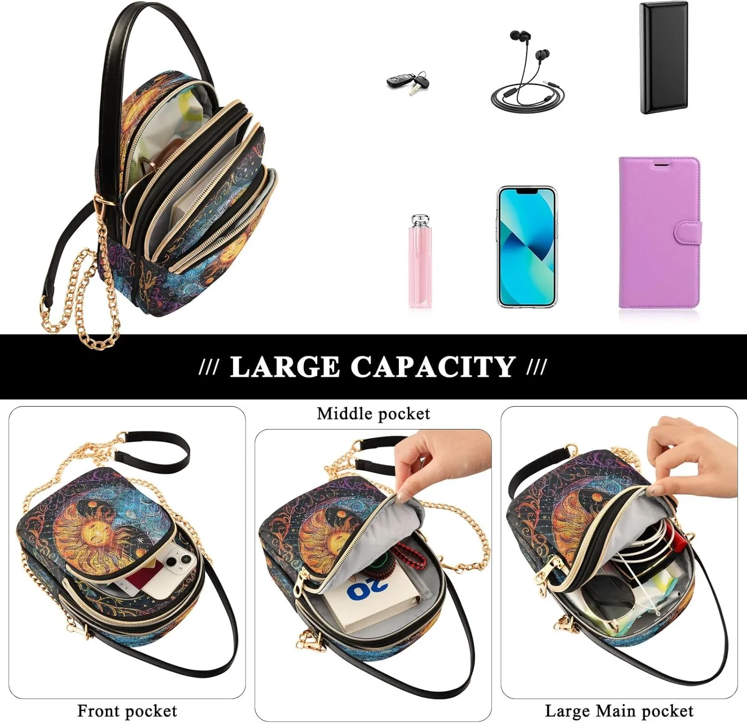 Sunset Dolphins Jumping in Water Cross Body Bag for Woman Travel Triple Zip Small Shoulder Purse, Small Sling Bag