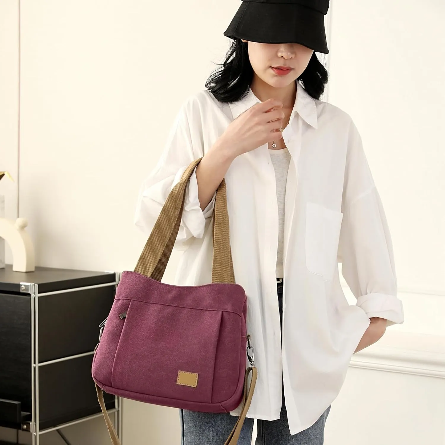 Sunshinejing Women's Canvas Purse Small Shoulder Tote Work Crossbody Bag Multi-pocket Handbag