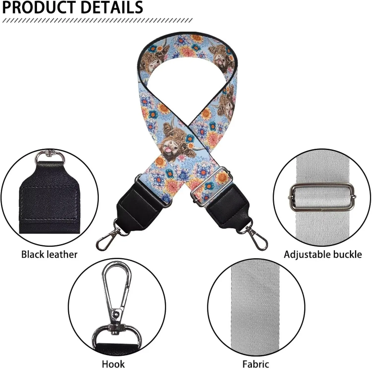 Suobstales Boho Mandala Highland Cattle Print Women's Crossbody Bag with Guitar Strap Adjustable Handbag Purse Shoulder Belt Wide for Handbag