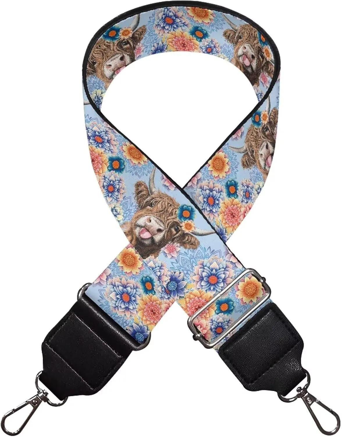 Suobstales Boho Mandala Highland Cattle Print Women's Crossbody Bag with Guitar Strap Adjustable Handbag Purse Shoulder Belt Wide for Handbag