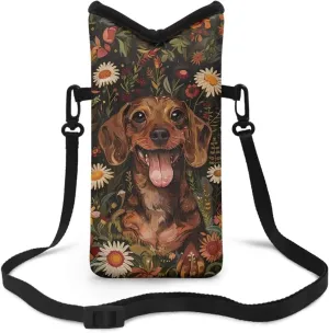 Suobstales Dachshund Daisy Leaf Print Small Crossbody Bags for Women, Universal Phone Pouch Wallet Cell Phone Purse Lightweight Handbags Mini Shoulder Bag with Neck Lanyard