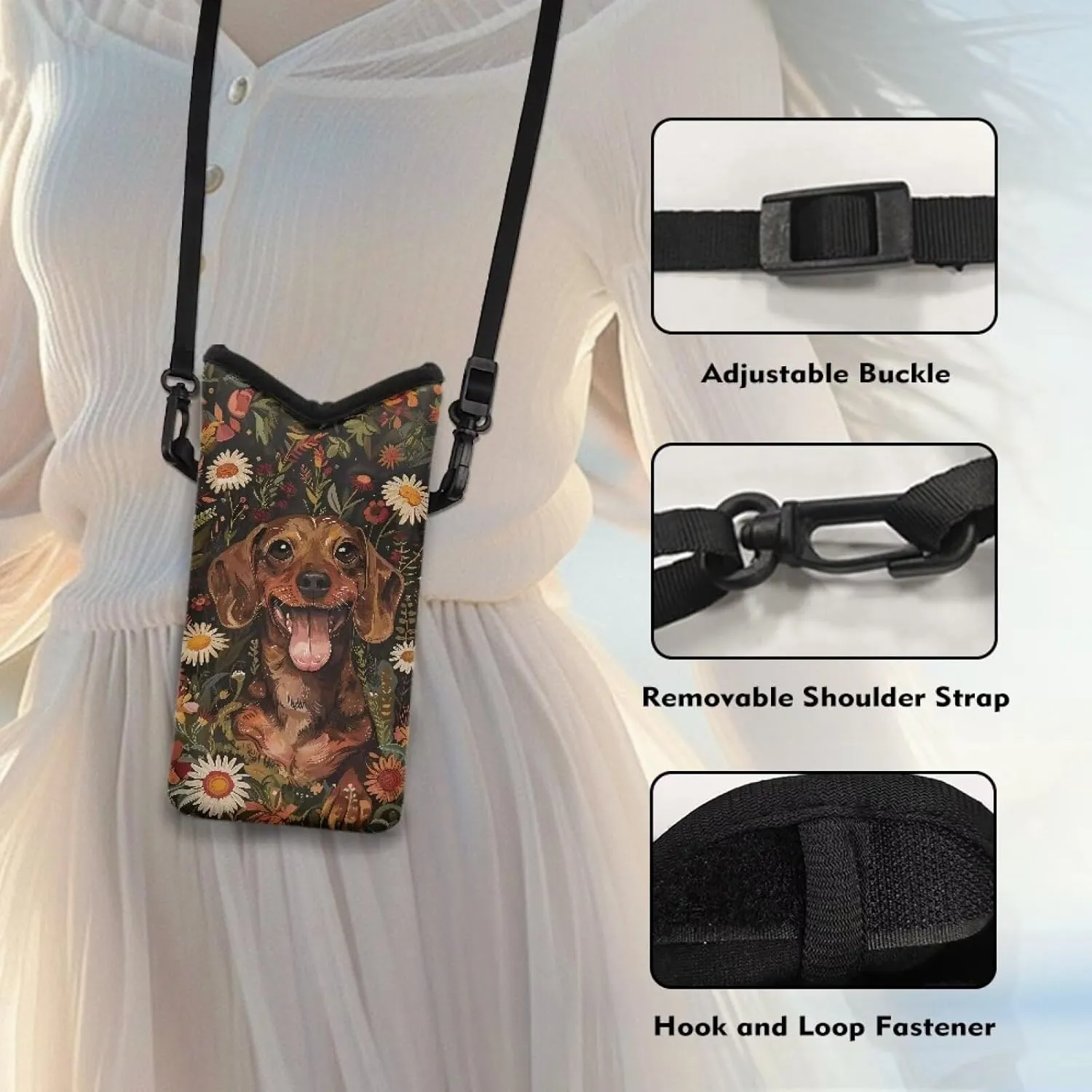 Suobstales Dachshund Daisy Leaf Print Small Crossbody Bags for Women, Universal Phone Pouch Wallet Cell Phone Purse Lightweight Handbags Mini Shoulder Bag with Neck Lanyard