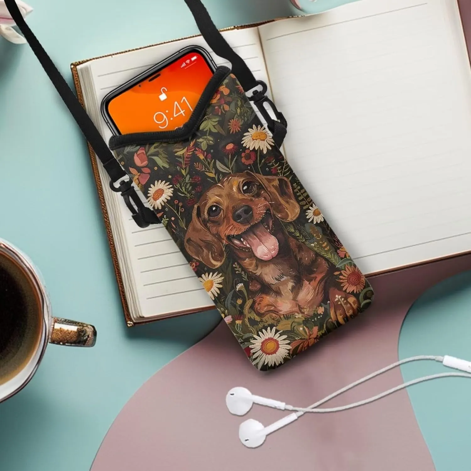Suobstales Dachshund Daisy Leaf Print Small Crossbody Bags for Women, Universal Phone Pouch Wallet Cell Phone Purse Lightweight Handbags Mini Shoulder Bag with Neck Lanyard