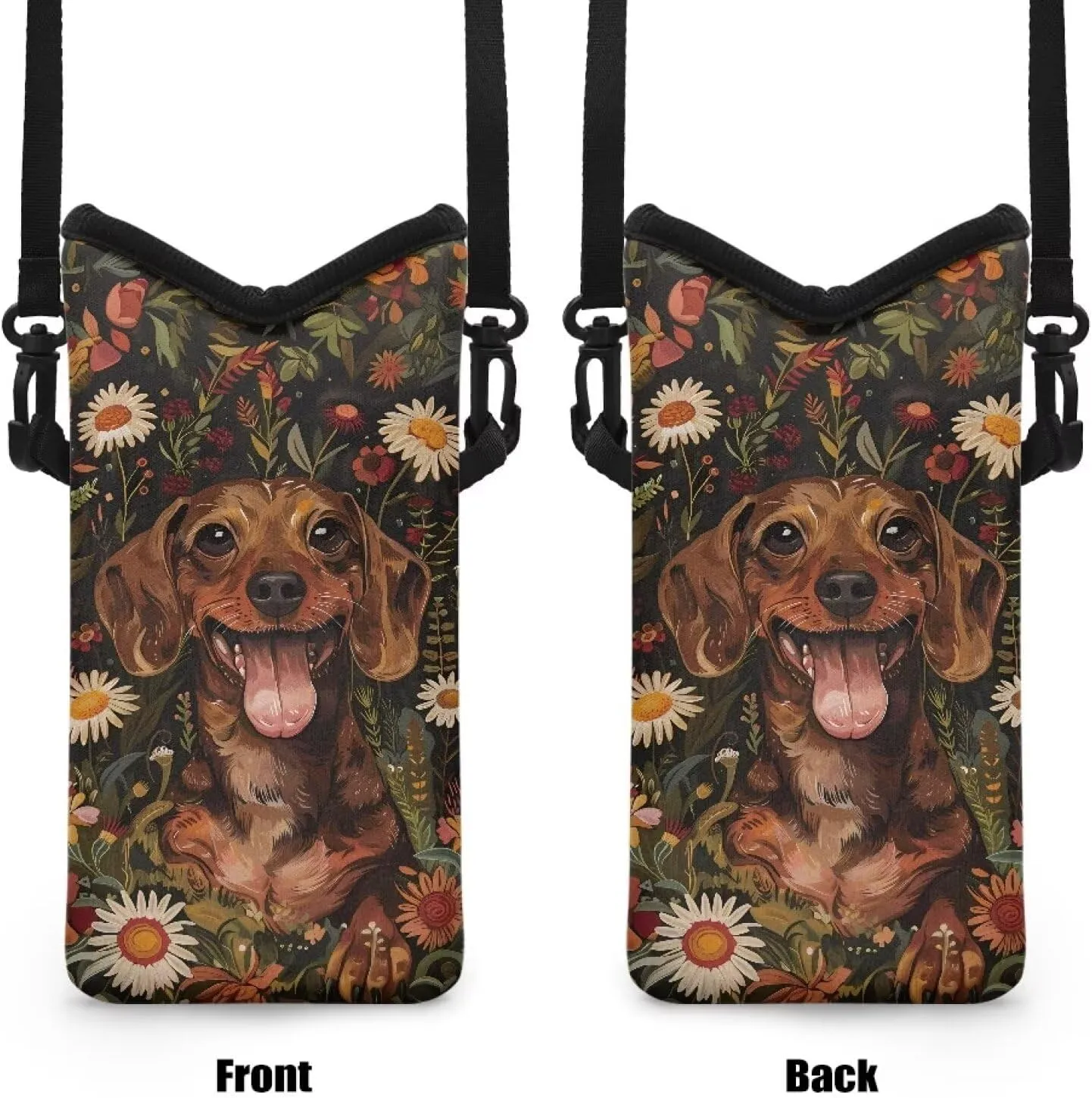Suobstales Dachshund Daisy Leaf Print Small Crossbody Bags for Women, Universal Phone Pouch Wallet Cell Phone Purse Lightweight Handbags Mini Shoulder Bag with Neck Lanyard