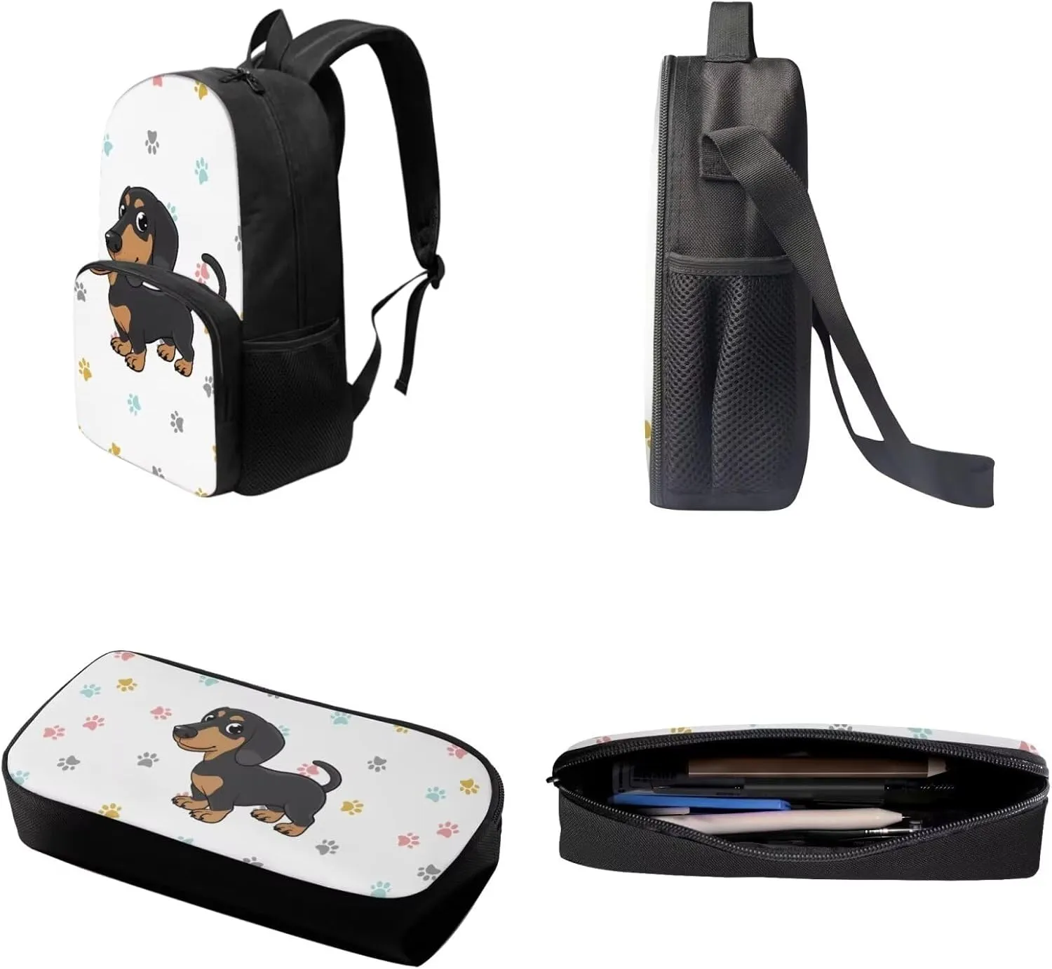 Suobstales Dachshund Paw Pattern Backpack for Girls Boys Lightweight Bookbag with Insulated Lunch Tote Purse Pencil Holder for Teens Elementary Middle High School Students, Pack of 3