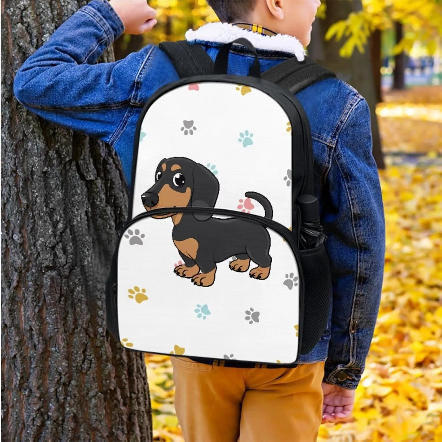 Suobstales Dachshund Paw Pattern Backpack for Girls Boys Lightweight Bookbag with Insulated Lunch Tote Purse Pencil Holder for Teens Elementary Middle High School Students, Pack of 3