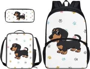 Suobstales Dachshund Paw Pattern Backpack for Girls Boys Lightweight Bookbag with Insulated Lunch Tote Purse Pencil Holder for Teens Elementary Middle High School Students, Pack of 3