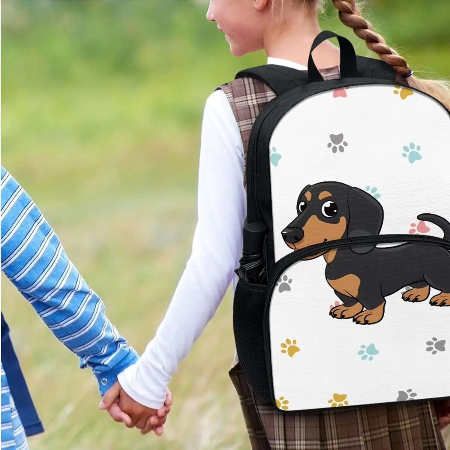 Suobstales Dachshund Paw Pattern Backpack for Girls Boys Lightweight Bookbag with Insulated Lunch Tote Purse Pencil Holder for Teens Elementary Middle High School Students, Pack of 3