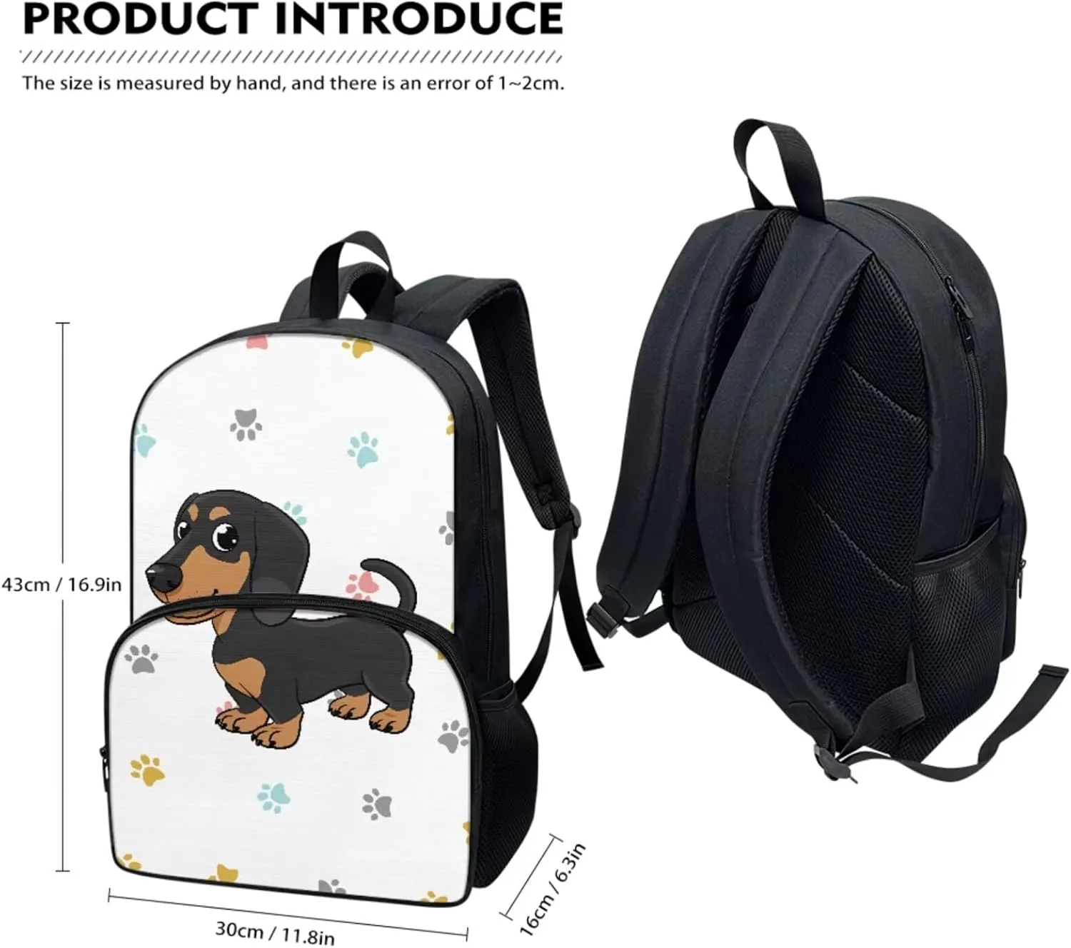 Suobstales Dachshund Paw Pattern Backpack for Girls Boys Lightweight Bookbag with Insulated Lunch Tote Purse Pencil Holder for Teens Elementary Middle High School Students, Pack of 3
