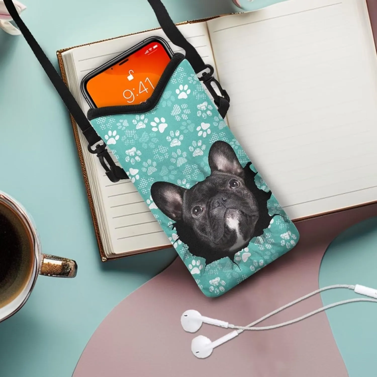 Suobstales French Bulldog Paw Pattern Small Crossbody Bags Phone Bag for Women Men, Crossbody Cell Phone Bag Phone Sleeve Wallet Purses with Detachable Strap
