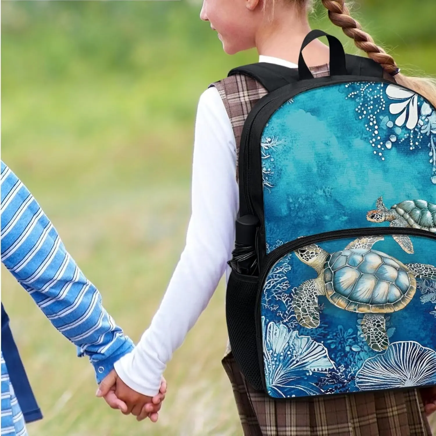 Suobstales Turtle Water Plants Print 3pcs Kids Backpack School Bag for Boys Elementary Primary Bookbag with Lunch Box Pencil Case 3 In 1 Casual Daypack Rucksack Satchel