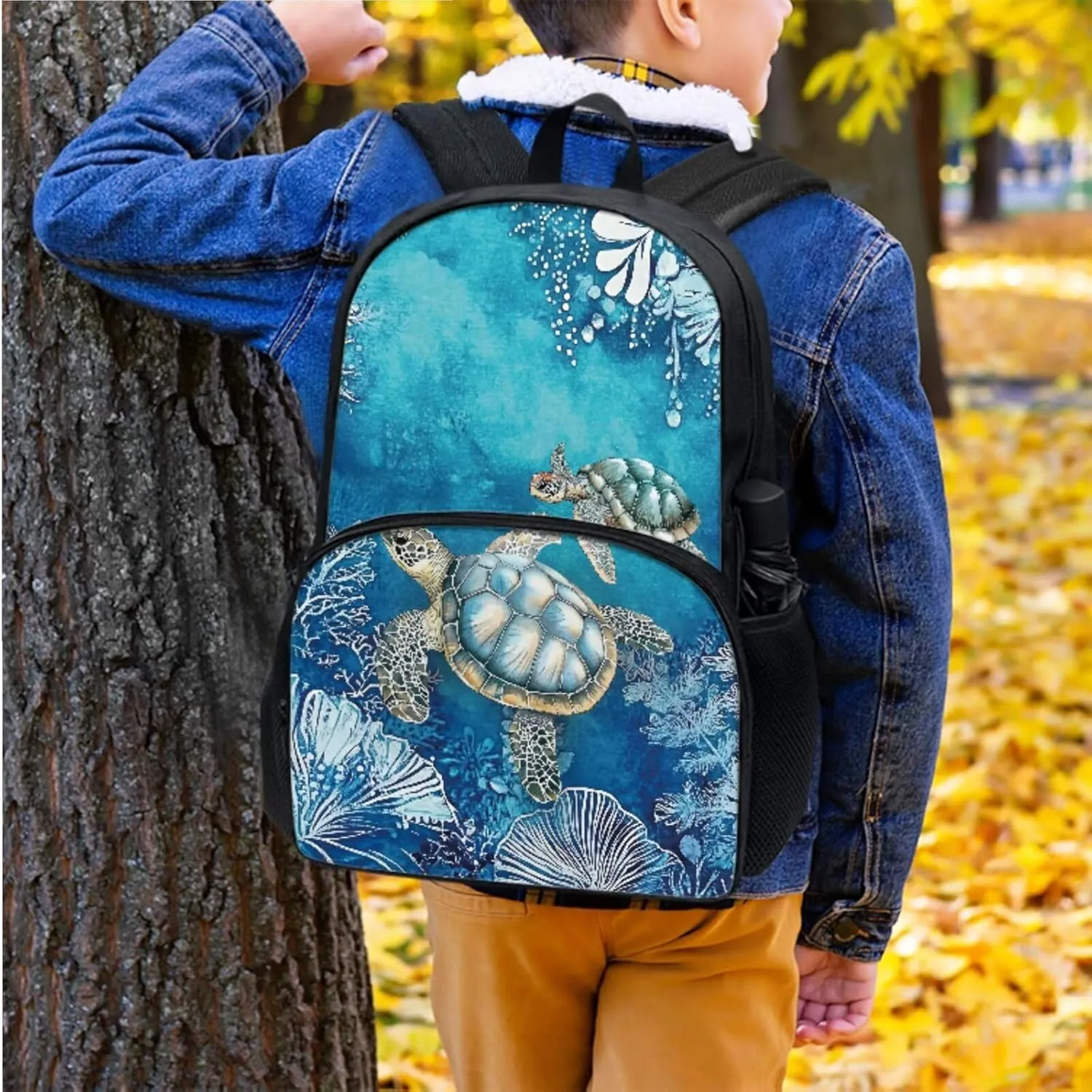 Suobstales Turtle Water Plants Print 3pcs Kids Backpack School Bag for Boys Elementary Primary Bookbag with Lunch Box Pencil Case 3 In 1 Casual Daypack Rucksack Satchel