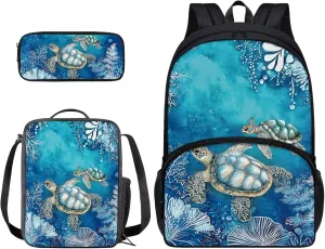 Suobstales Turtle Water Plants Print 3pcs Kids Backpack School Bag for Boys Elementary Primary Bookbag with Lunch Box Pencil Case 3 In 1 Casual Daypack Rucksack Satchel