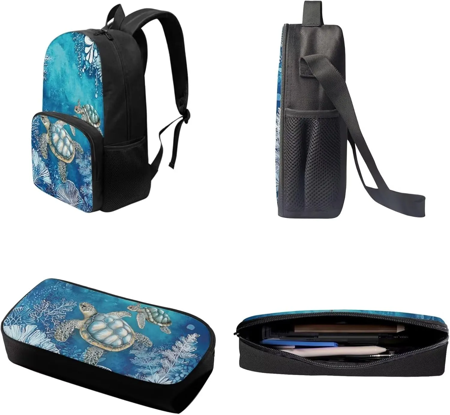 Suobstales Turtle Water Plants Print 3pcs Kids Backpack School Bag for Boys Elementary Primary Bookbag with Lunch Box Pencil Case 3 In 1 Casual Daypack Rucksack Satchel