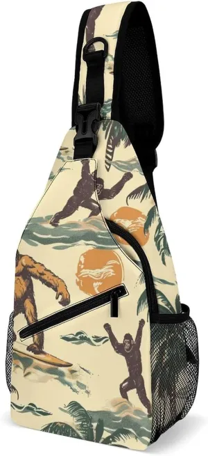 Surfing Bigfoot Monkeys Crossbody Bag Over Shoulder Sling Backpack Casual Cross Chest Side Pouch 38x20cm