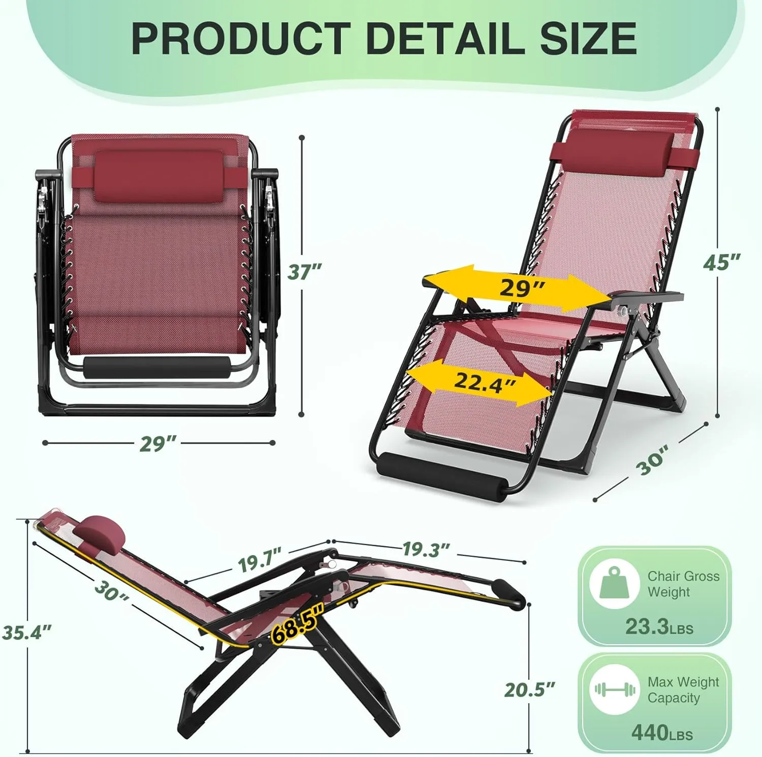 Suteck Oversized Zero Gravity Chair,29In XL Lounge Chair w/Removable Cushion&Headrest, Reclining Camping Chair w/Upgraded Lock and Footrest, Reclining Patio Chairs Recliner for Indoor Outdoor