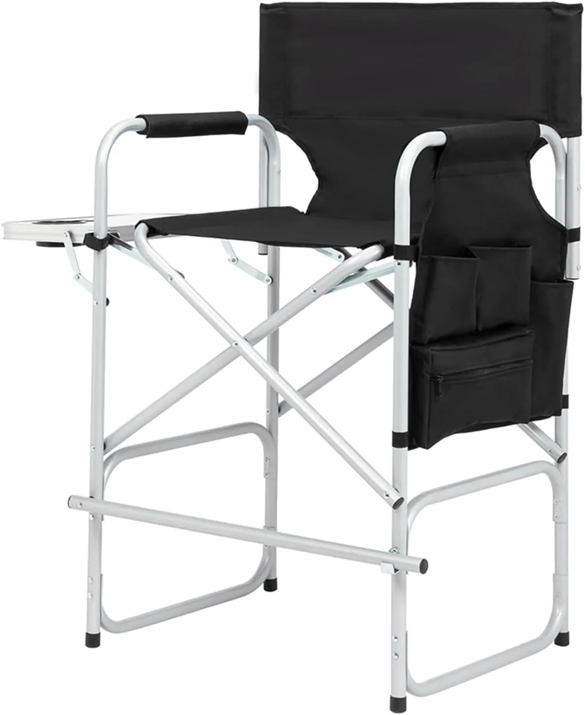 Tall Directors Chairs Foldable Makeup Artist Chair Seat Height 26.5 inches Heavy Duty Folding Camping Chair Outdoor Portable Director Chair with Side Table Storage Bag Cup Holder Footrest,Black