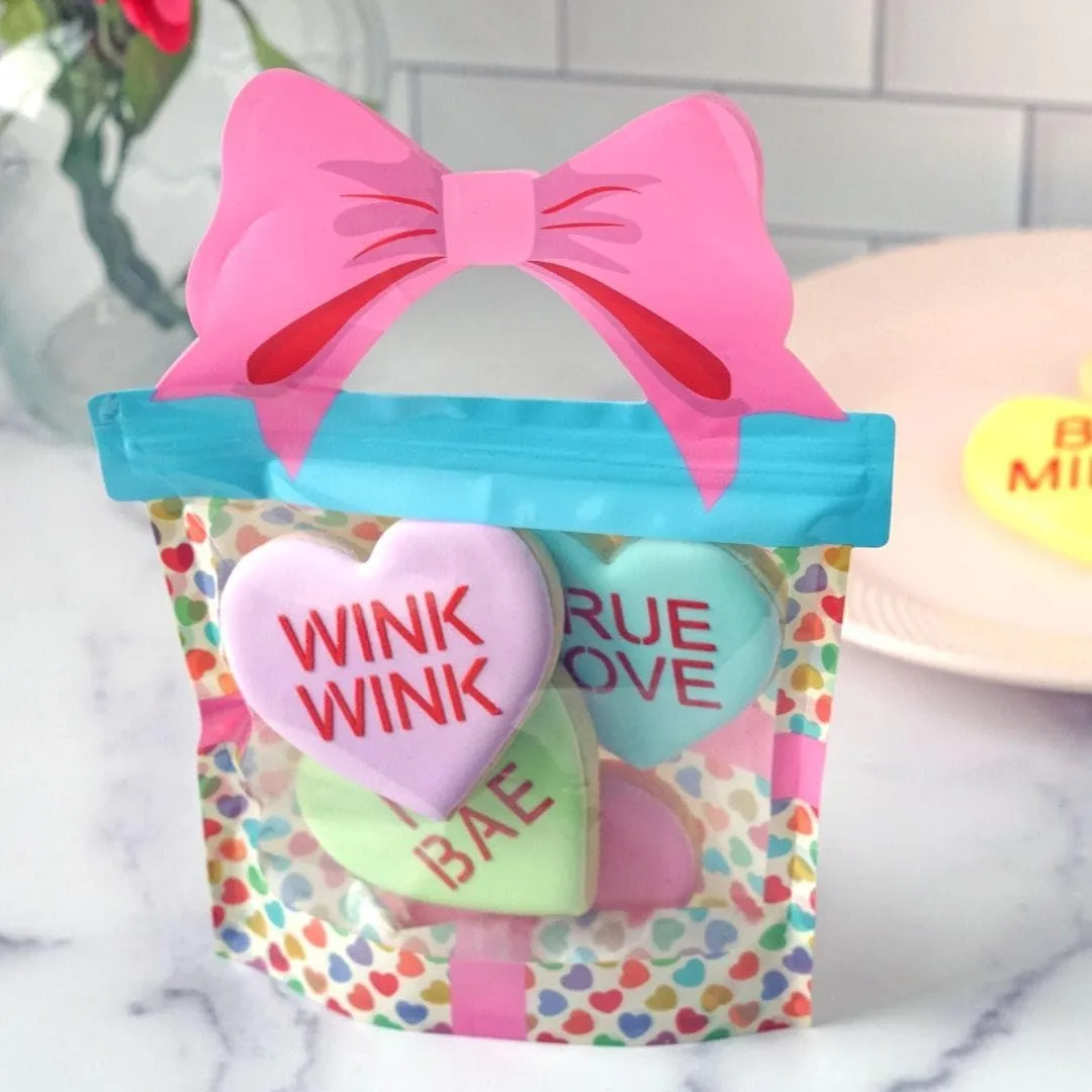 The Cookie Countess Inc Valentine's Day Cookie and Treat Bag (10), Reusable, Flexible Plastic Pouch with Zipper Closure, Pink, Polypropylene (PP), Zipper, 6.75 inches x 6.5 inches