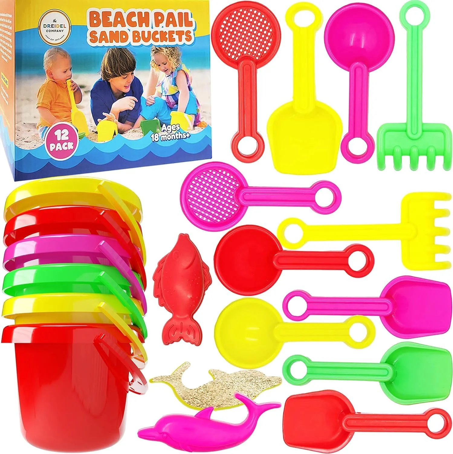The Dreidel Company Mini Beach Day Playsets, 3.25" Sand Bucket Play Set Box Includes, Pail, Shovel, Rake, Sifter Scoop, Dolphin Fish Sand Trays Toy for Boys and Girls Birthday Party Favor (24-Pack)