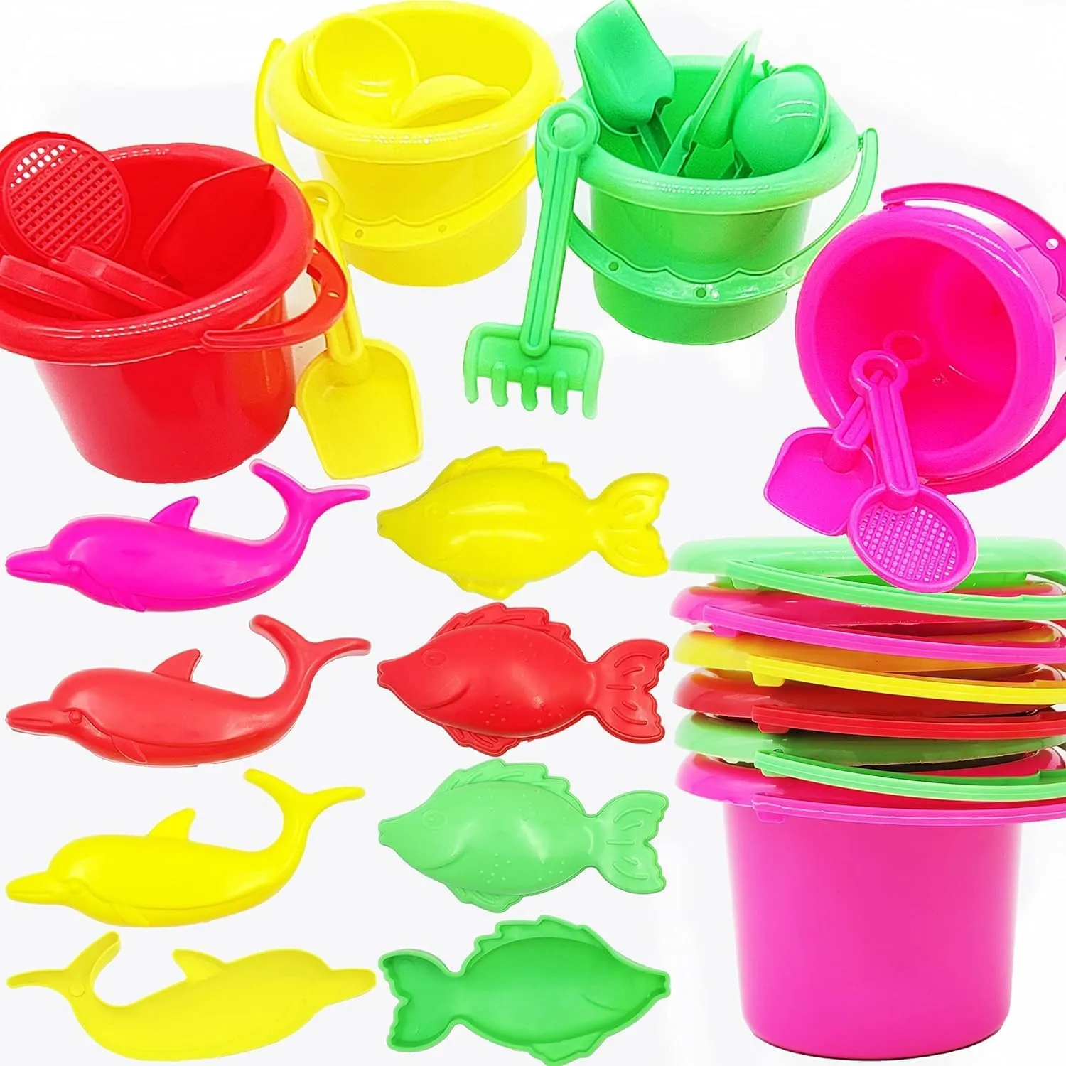 The Dreidel Company Mini Beach Day Playsets, 3.25" Sand Bucket Play Set Box Includes, Pail, Shovel, Rake, Sifter Scoop, Dolphin Fish Sand Trays Toy for Boys and Girls Birthday Party Favor (24-Pack)