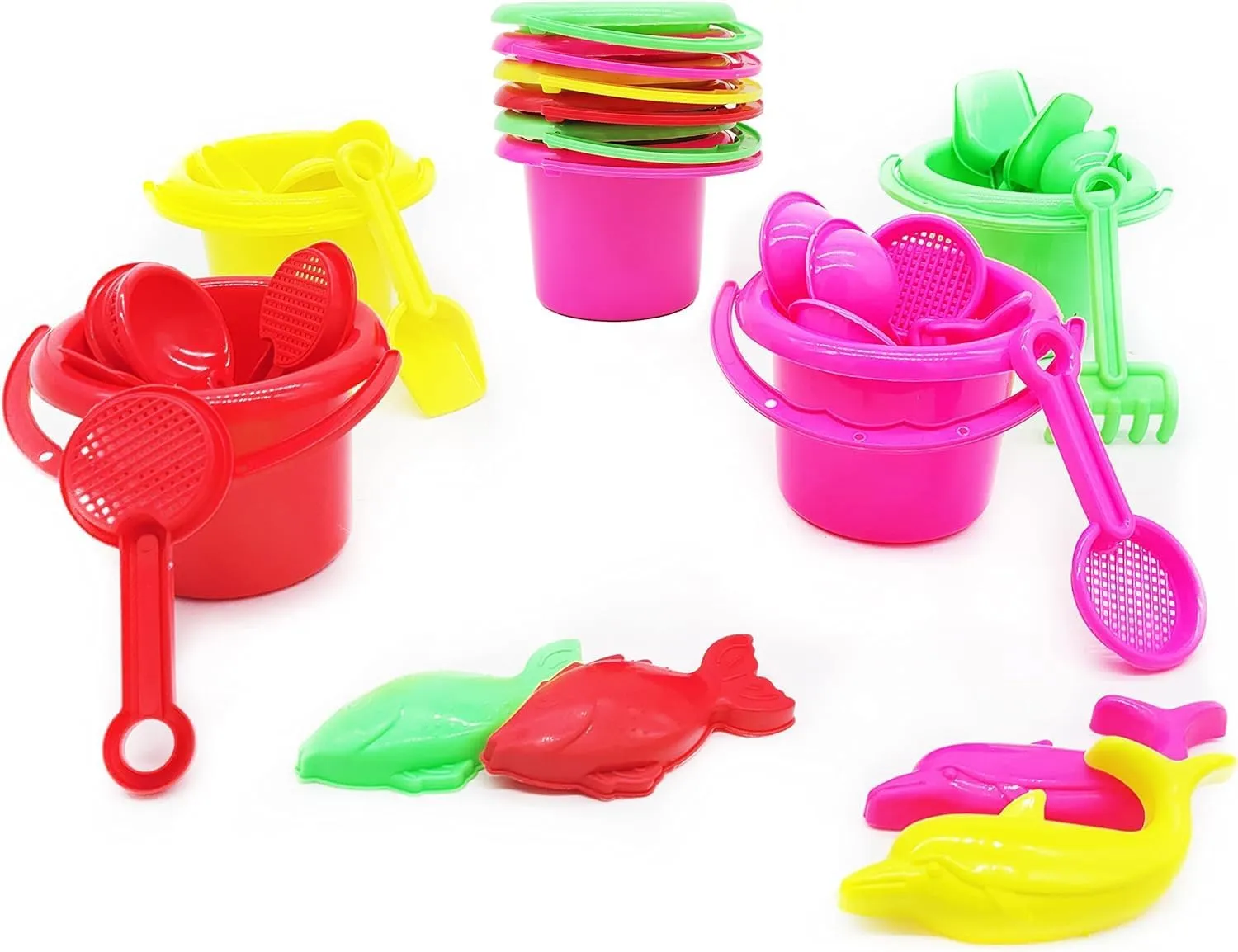 The Dreidel Company Mini Beach Day Playsets, 3.25" Sand Bucket Play Set Box Includes, Pail, Shovel, Rake, Sifter Scoop, Dolphin Fish Sand Trays Toy for Boys and Girls Birthday Party Favor (24-Pack)