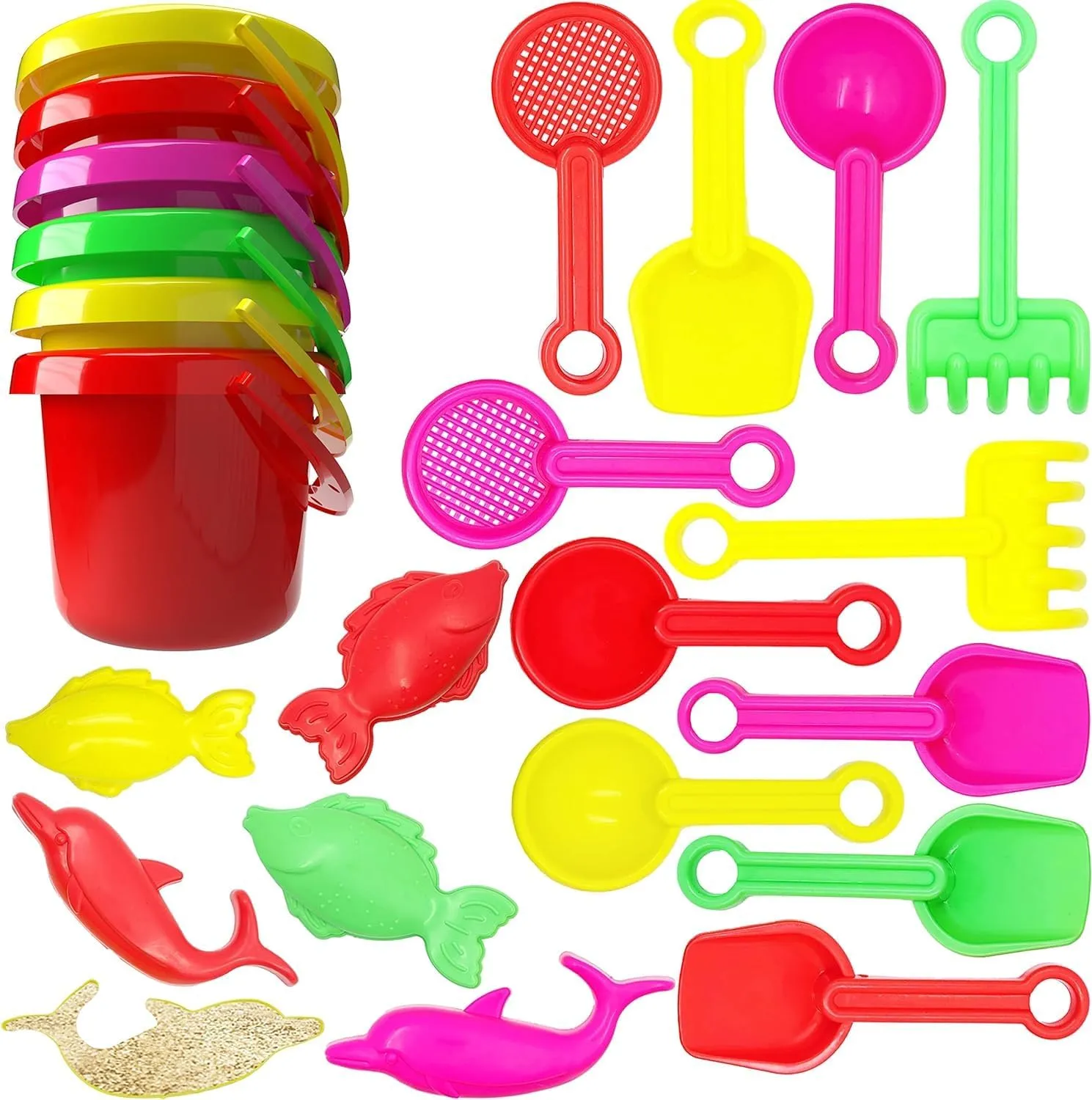 The Dreidel Company Mini Beach Day Playsets, 3.25" Sand Bucket Play Set Box Includes, Pail, Shovel, Rake, Sifter Scoop, Dolphin Fish Sand Trays Toy for Boys and Girls Birthday Party Favor (24-Pack)