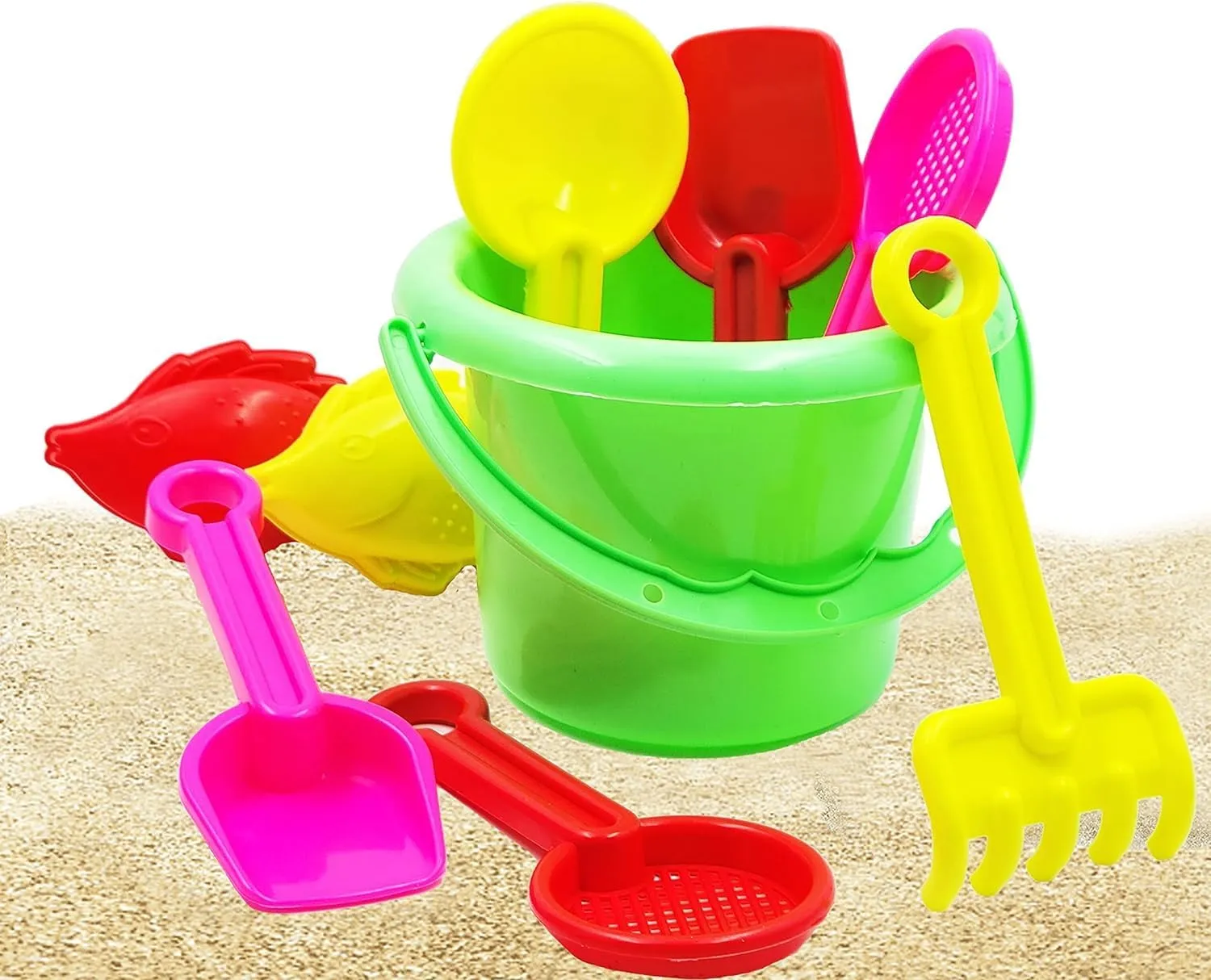 The Dreidel Company Mini Beach Day Playsets, 3.25" Sand Bucket Play Set Box Includes, Pail, Shovel, Rake, Sifter Scoop, Dolphin Fish Sand Trays Toy for Boys and Girls Birthday Party Favor (24-Pack)