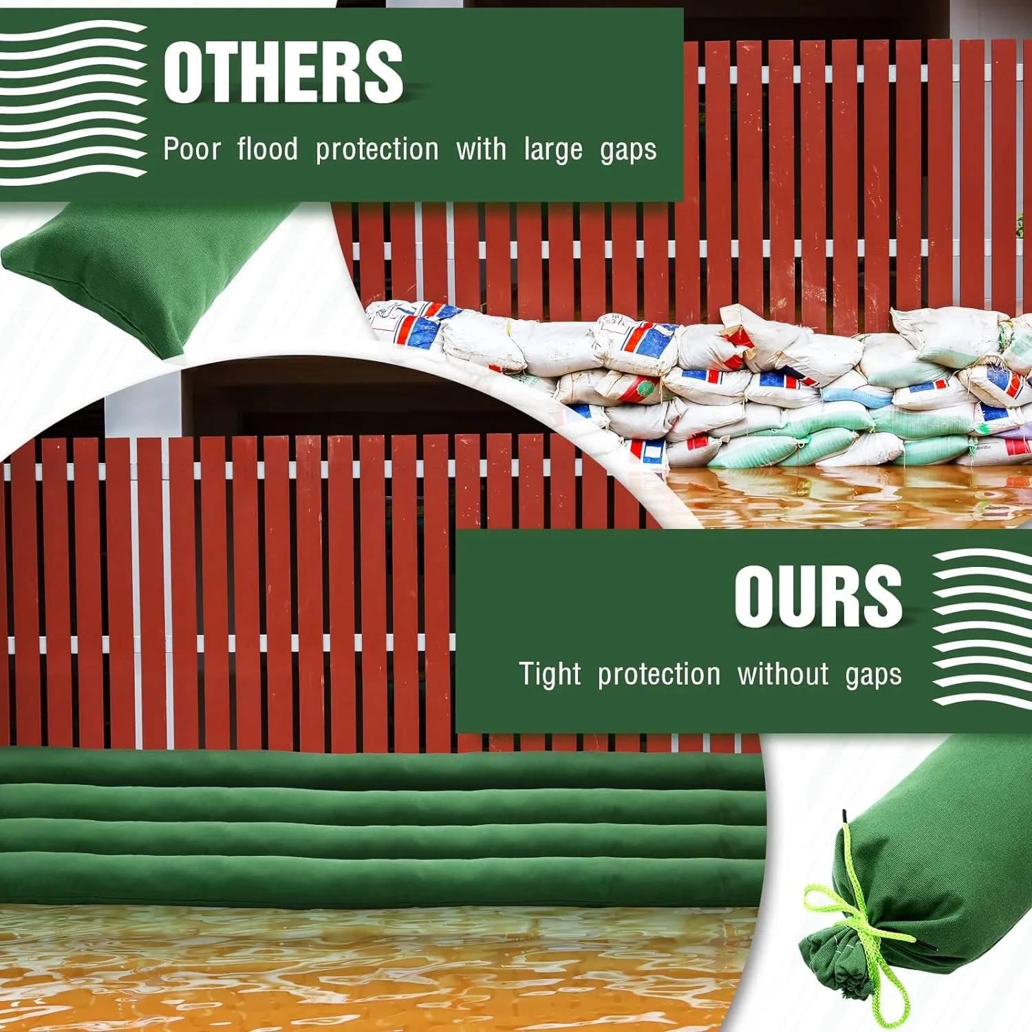 Threan 4 Pcs Long Canvas Sandbags Flood Protection Thickened Reusable Sand Bags Rain Wind Flood Barrier with Elastic Band Water Barrier Tube for Door Rain Water Control, Green (4 ft)