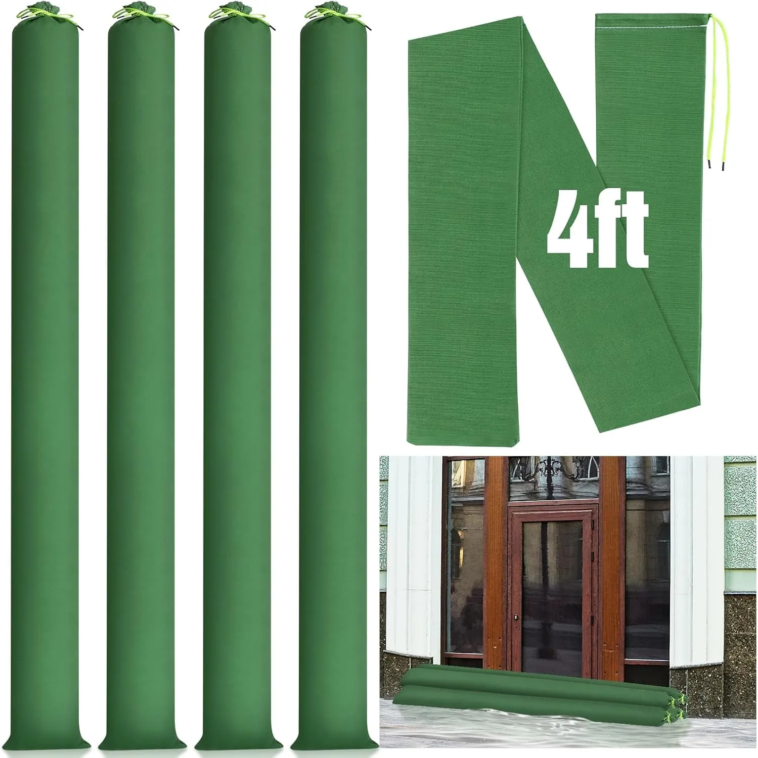 Threan 4 Pcs Long Canvas Sandbags Flood Protection Thickened Reusable Sand Bags Rain Wind Flood Barrier with Elastic Band Water Barrier Tube for Door Rain Water Control, Green (4 ft)