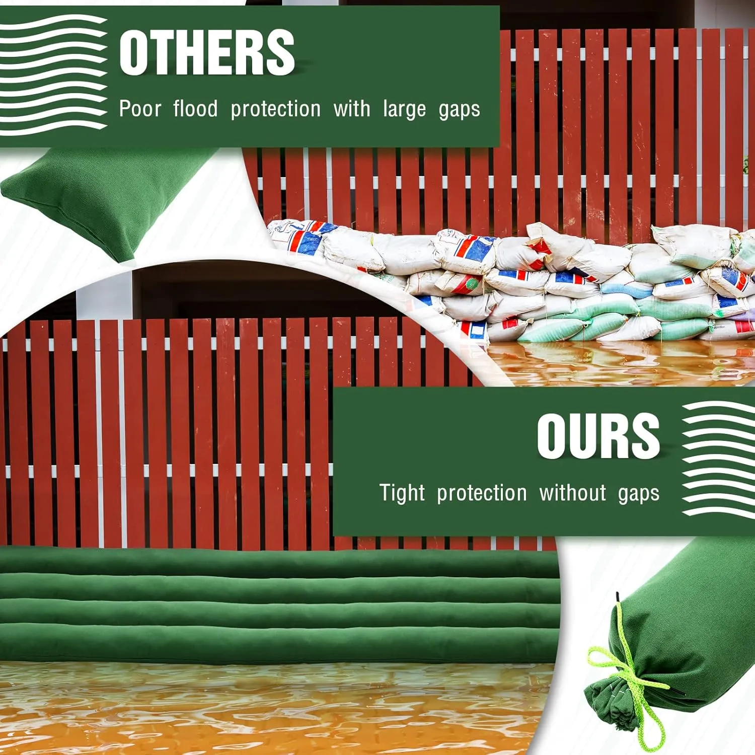Threan 4 Pcs Long Canvas Sandbags Flood Protection Thickened Reusable Sand Bags Rain Wind Flood Barrier with Elastic Band Water Barrier Tube for Door Rain Water Control, Green (8 ft)