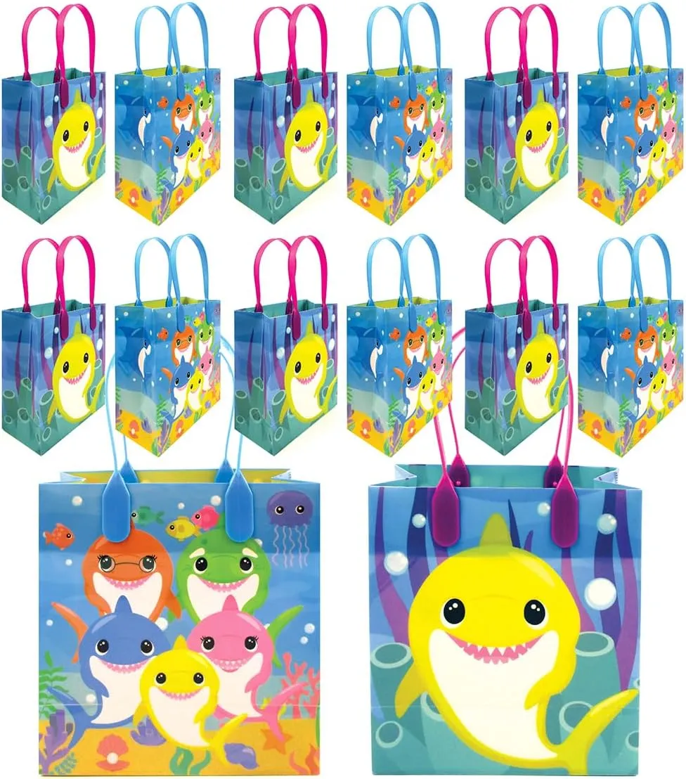 TINYMILLS Shark Family Party Favor Treat Bags with Handles, Shark Candy Bags for Birthday Party, Pack of 12