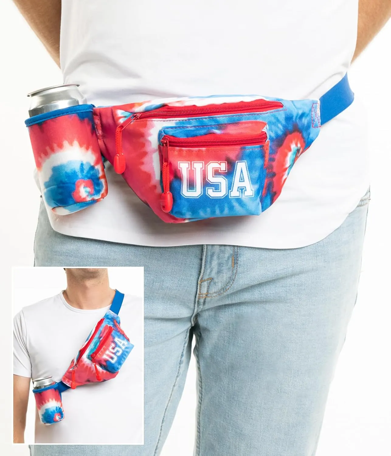 Tipsy Elves American Flag Fanny Packs with Drink Holder - USA Fanny Pack for 4th of July BBQ, Pool Party and Events