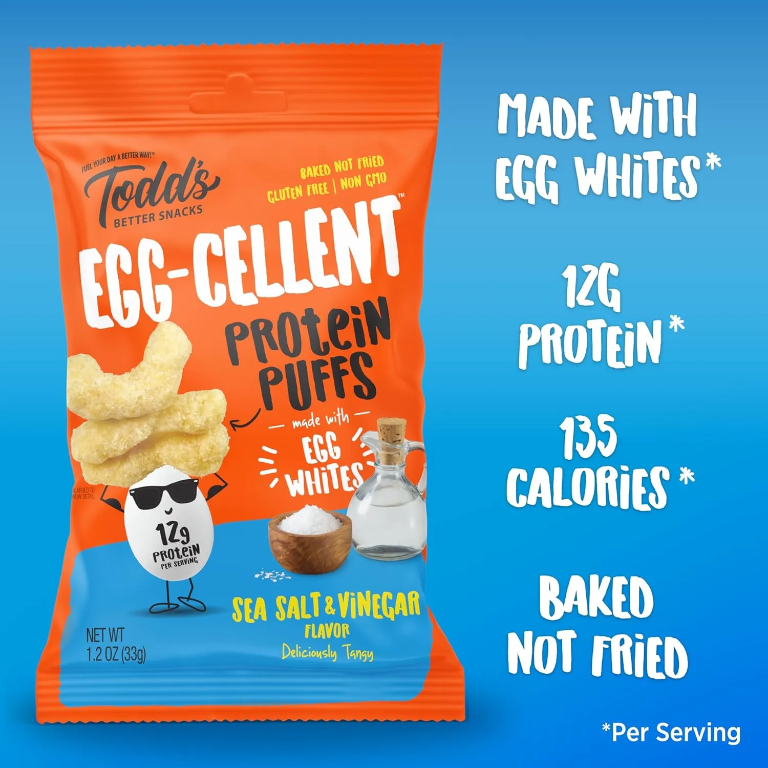 Todd's Better Snacks Egg-Cellent Protein Puffs, Sea Salt & Vinegar, 1.2 Oz (Pack of 10), Made with Egg Whites, 12g Protein, Gluten Free Healthy Snack