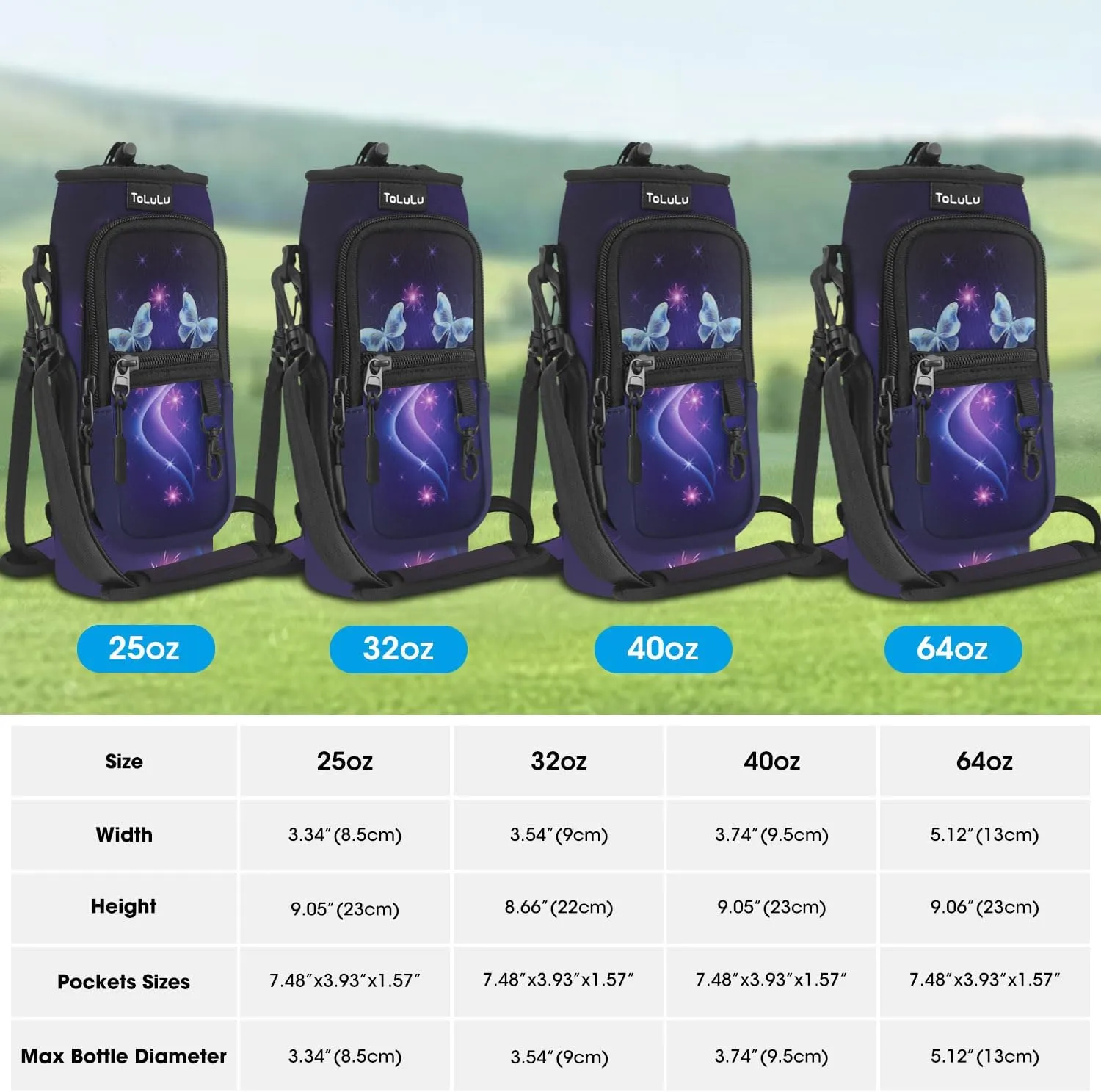 ToLuLu 25/32/40oz Water Bottle Carrier Bag Pocket,Insulated Neoprene Adjustable Shoulder Strap Water Bottle Pouch Case, Crossbody Water Bottle Holder Sling Sleeve for Men Women Adults